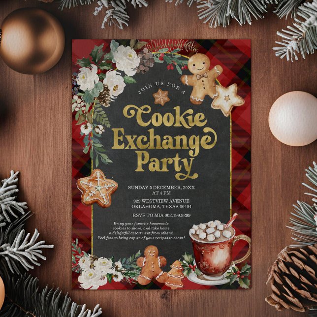 Invitación Navidades florales de Plaid Fiesta de Cookie Excha (Subido por el creador)