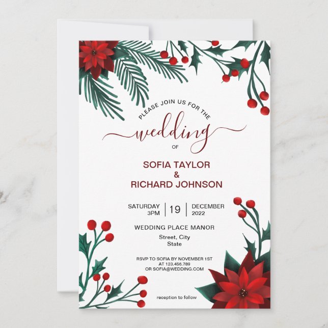 Invitación Navidades florales de Poinsettia Rojo Boda acuarel (Anverso)