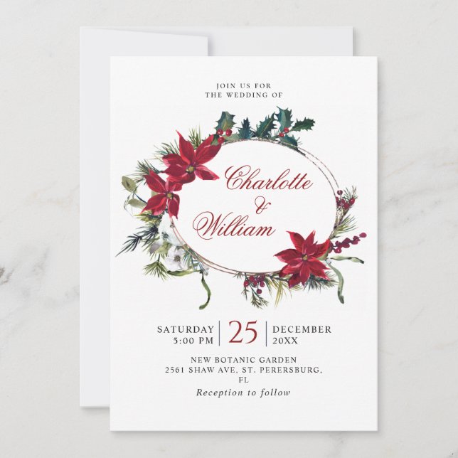 Invitación Navidades florales de Poinsettia Rojo Boda acuarel (Anverso)