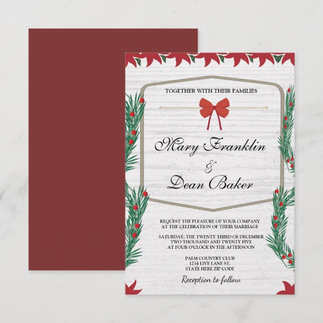 Invitación Navidades florales de Poinsettia Rojo Boda acuarel (Anverso / Reverso)