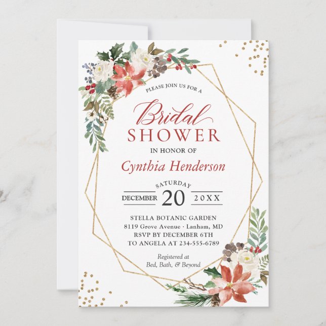 Invitación Navidades florales de Poinsettia Rojo Ducha de nov (Anverso)