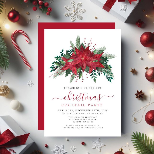 Invitación Navidades florales de Poinsettia Rojo Fiesta de có (Red Poinsettia Floral Christmas Cocktail Party Invitation)