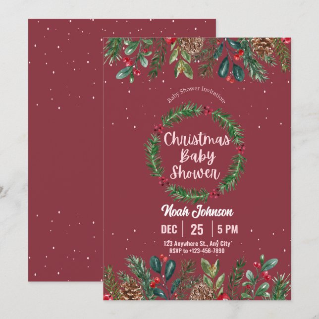 Invitación Navidades florales rojos y verdes Baby Shower (Anverso / Reverso)