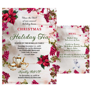 Invitación Navidades florales y berries invitan al té de vaca
