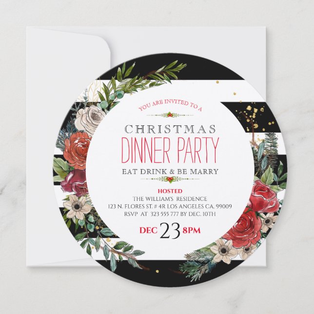Invitación Navidades Flores Wreath & Stripes Diner Invitan (Anverso)