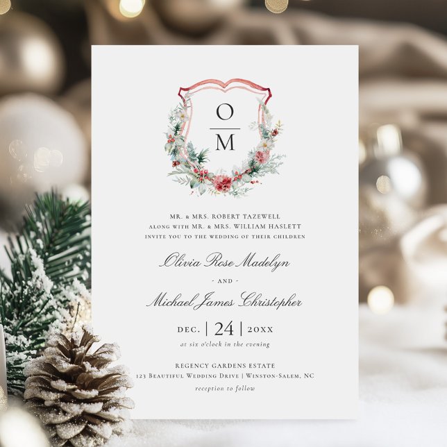 Invitación Navidades formales Escudo floral Monograma Boda (Subido por el creador)