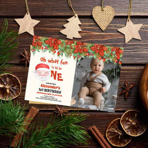 Invitación Navidades fotográficos de Santa First Birthday