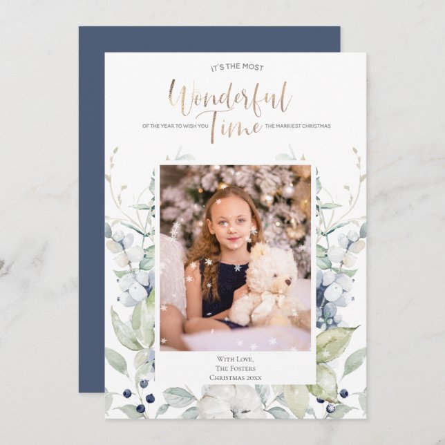 Invitación Navidades fotográficos florales en invierno blanco (Anverso / Reverso)