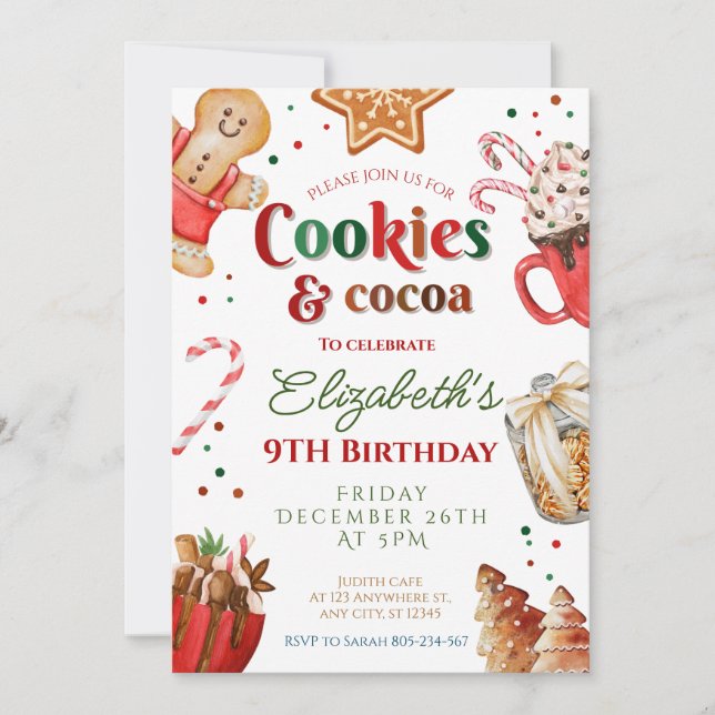 Invitación Navidades galletas de cumpleaños y cacao (Anverso)