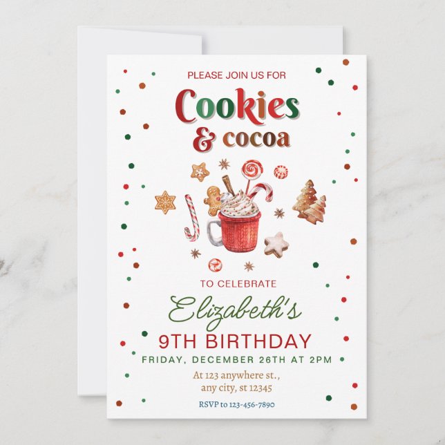 Invitación Navidades galletas de cumpleaños y cacao (Anverso)