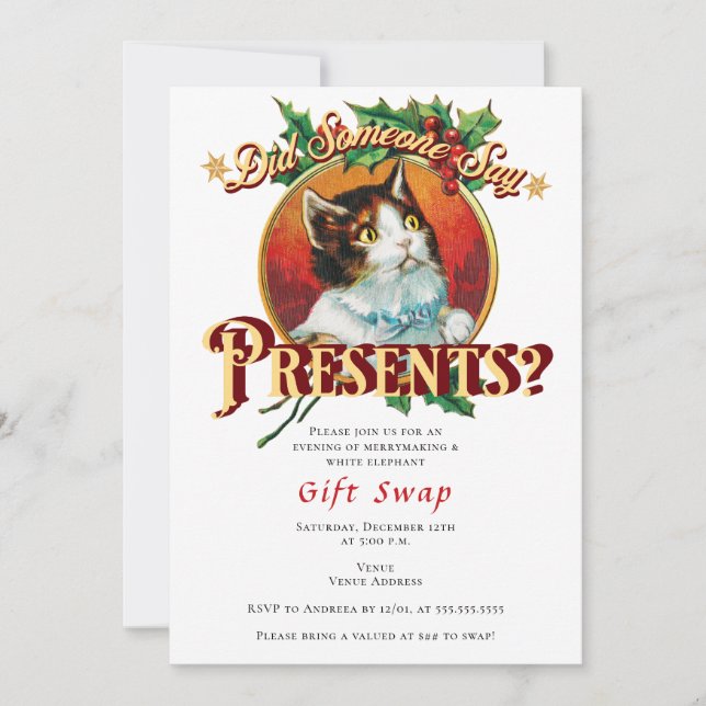 Invitación Navidades Gato Regalo Intercambio de Navidad Fiest (Anverso)