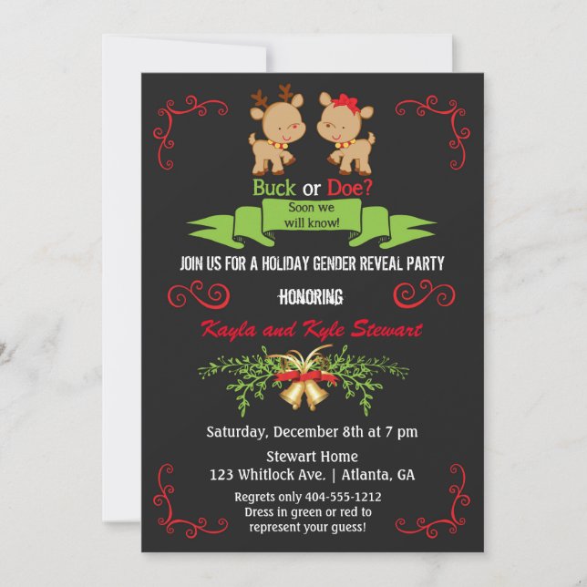 Invitación Navidades Género revelan a Fiesta pavoneo o reno (Anverso)