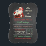 Invitación Navidades Gift Exchange Vintage Santa Chalkboard<br><div class="desc">navidades fiesta de intercambio de regalos, Papá Noel con regalo/presente, estilo de pizarra, traje rojo santa/barba gorra/blanco, celebrar la temporada, plantilla de fiesta de vacaciones, colores retro rojo/verde/beige, diseño festivo/divertido/simple, ilustracion/imagen/collage digital antiguo, inspirado/estilo/look/look, plantilla de texto personalizable completo, patrón de rayas verdes/blancas. Diseño fiesta de intercambio de regalos divertidos con...</div>