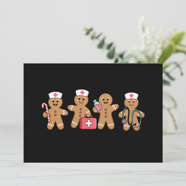 Invitación Navidades Gingerbread Enfermera Equipo de Regalos (Anverso de pie)