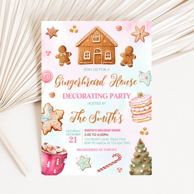 Invitación Navidades Gingerbread Fiesta decorativo (Pink Christmas Gingerbread House Decorating Party Invitation )