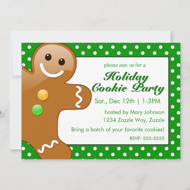 Invitación Navidades Gingerbread Man Green/White Polka Dots (Anverso)