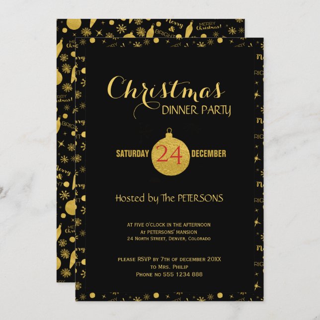 Invitación Navidades glamorosos guión patrón oro negro (Anverso / Reverso)