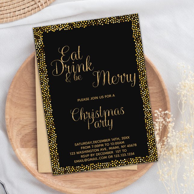 Invitación Navidades Gold "Comer, beber y ser moro" (Gold Eat Drink and be Merry Christmas Invitations)