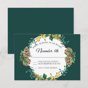 Invitación Navidades Gold RSVP Greenery Wreath Watercolor