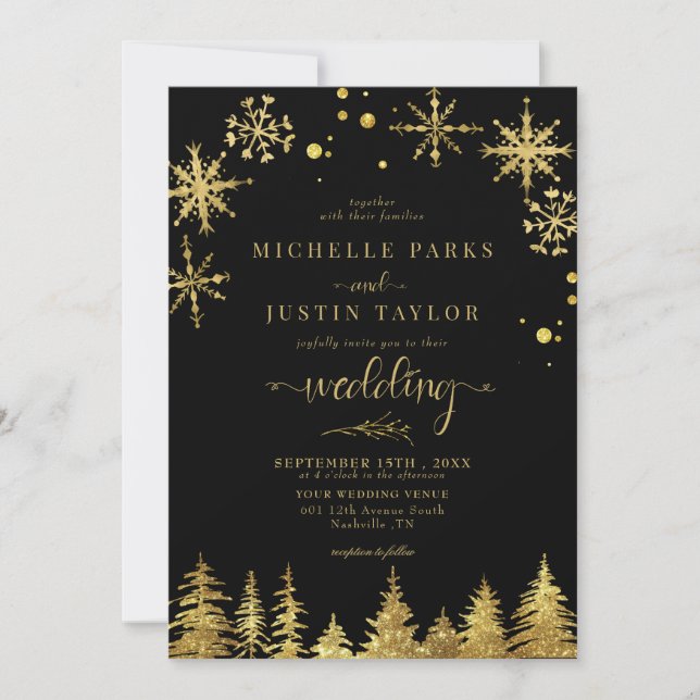 Invitación Navidades Gold Woodland Pine Trees Boda I (Anverso)
