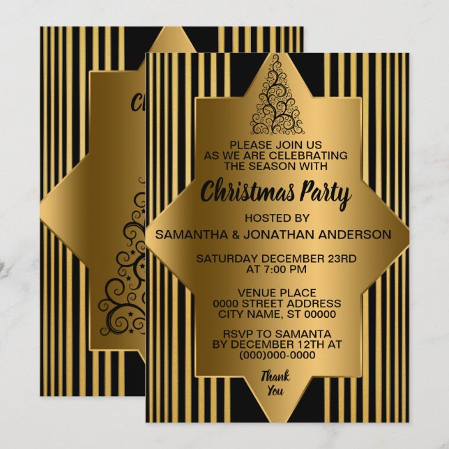 Invitación Navidades Golden Black Geométrico Elegante Fiesta  (Anverso / Reverso)