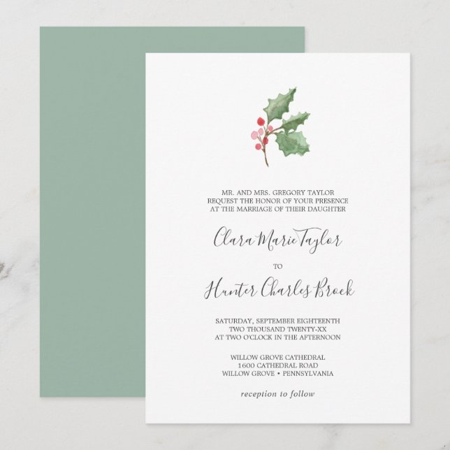 Invitación Navidades Greenery y Boda formal Berry Red (Anverso / Reverso)