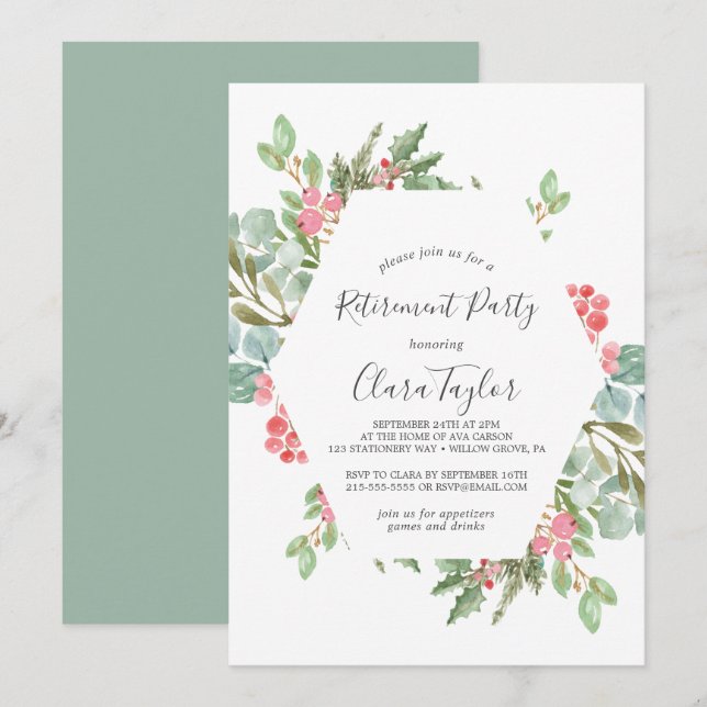 Invitación Navidades Greenery y Fiesta de Jubilación de Berry (Anverso / Reverso)