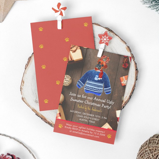 Invitación Navidades Holiday Boxer Dog Ugly Sweater Fiesta (Front and Back)