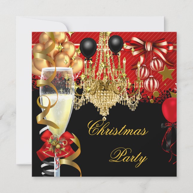 Invitación Navidades Holiday Champagne Fiesta Red Gold Black  (Anverso)