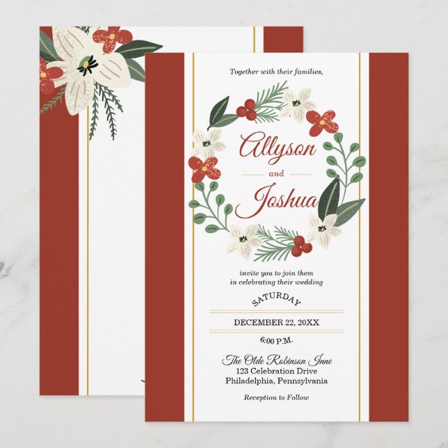 Invitación Navidades Holiday Floral Wreath | Berries Boda (Anverso / Reverso)