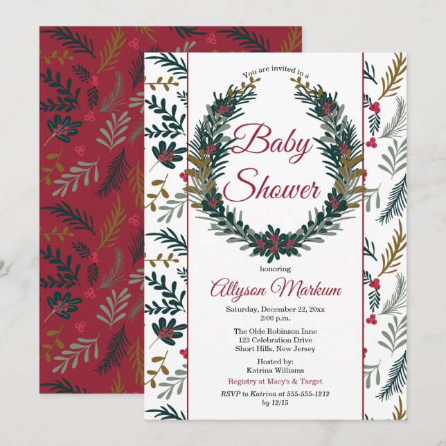 Invitación Navidades Holiday Greenery Wreath Baby Shower Invi (Anverso / Reverso)