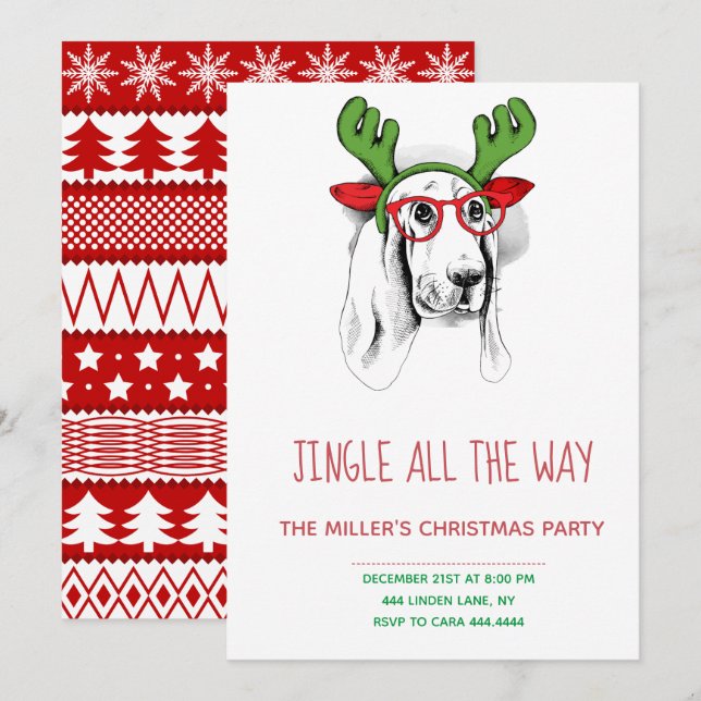 Invitación Navidades Holiday Hipster Dog (Anverso / Reverso)