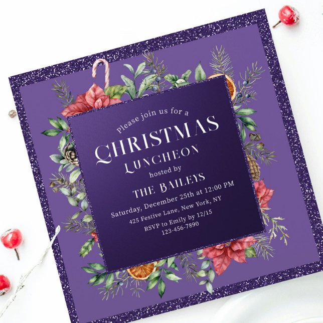 Invitación Navidades Holiday Luncheon Purpurina Winter Floral (Subido por el creador)