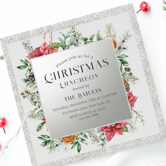 Invitación Navidades Holiday Luncheon Purpurina Winter Floral (Subido por el creador)
