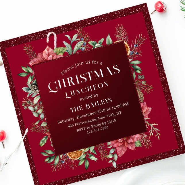 Invitación Navidades Holiday Luncheon Purpurina Winter Floral (Subido por el creador)