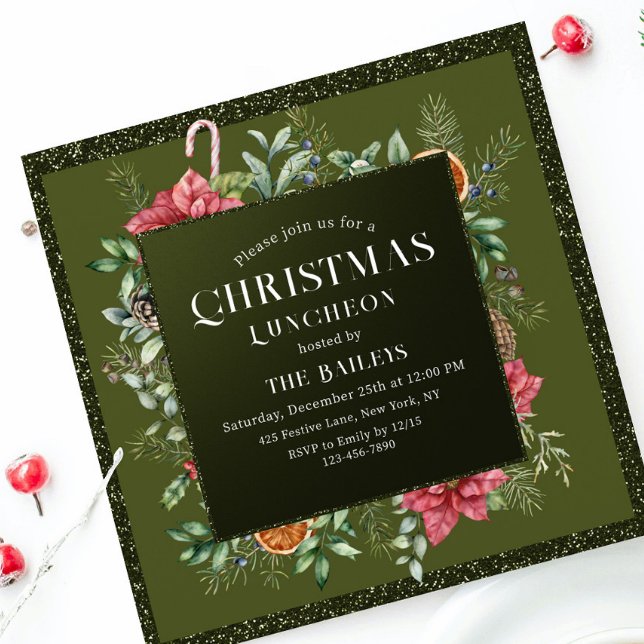 Invitación Navidades Holiday Luncheon Purpurina Winter Floral (Subido por el creador)