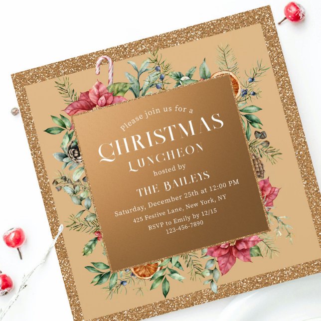 Invitación Navidades Holiday Luncheon Purpurina Winter Floral (Subido por el creador)