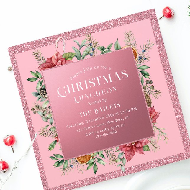 Invitación Navidades Holiday Luncheon Purpurina Winter Floral (Subido por el creador)