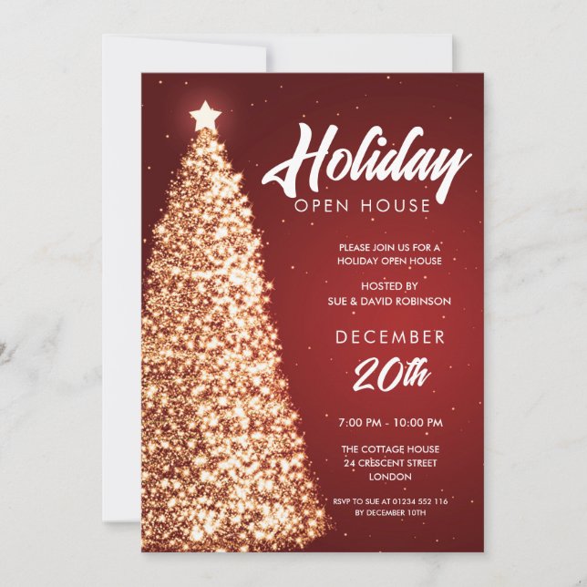 Invitación Navidades Holiday Open House Fiesta Red Gold (Anverso)