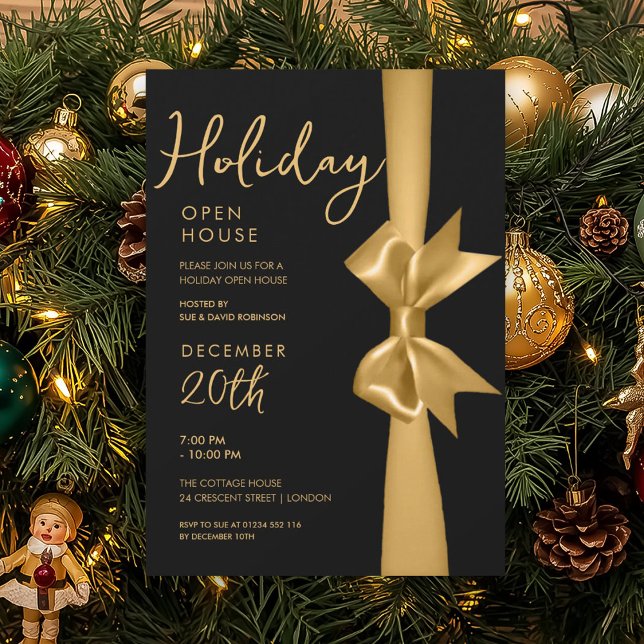 Invitación Navidades Holiday Open House Gold Ribbon Black (Christmas Holiday Open House Gold Ribbon Black Invitation)