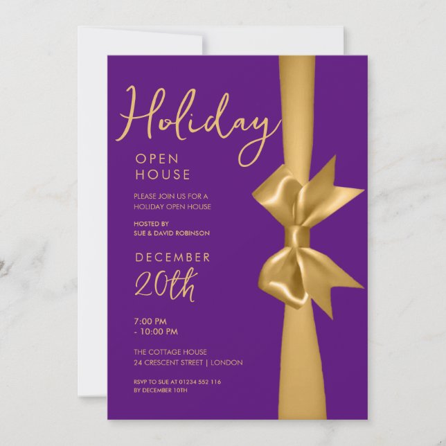 Invitación Navidades Holiday Open House Gold Ribbon Purple (Anverso)