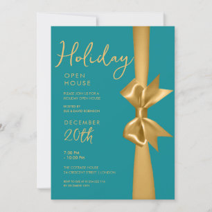 Invitación Navidades Holiday Open House Gold Ribbon Verde azu