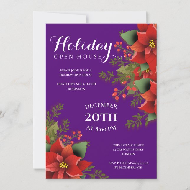 Invitación Navidades Holiday Open House Poinsettia Purple (Anverso)