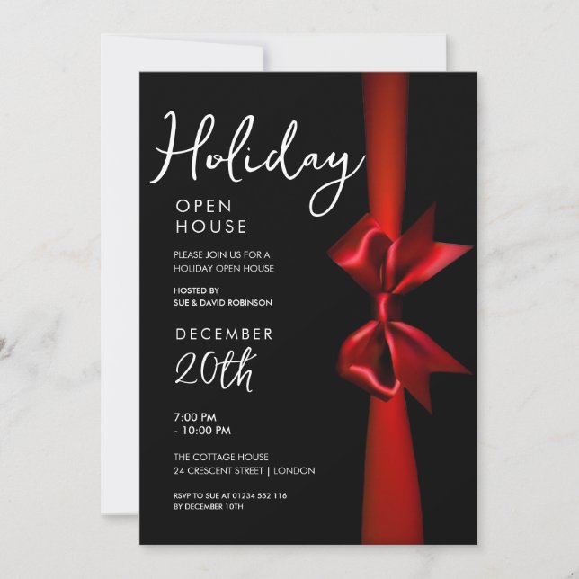 Invitación Navidades Holiday Open House Red Ribbon Black (Anverso)