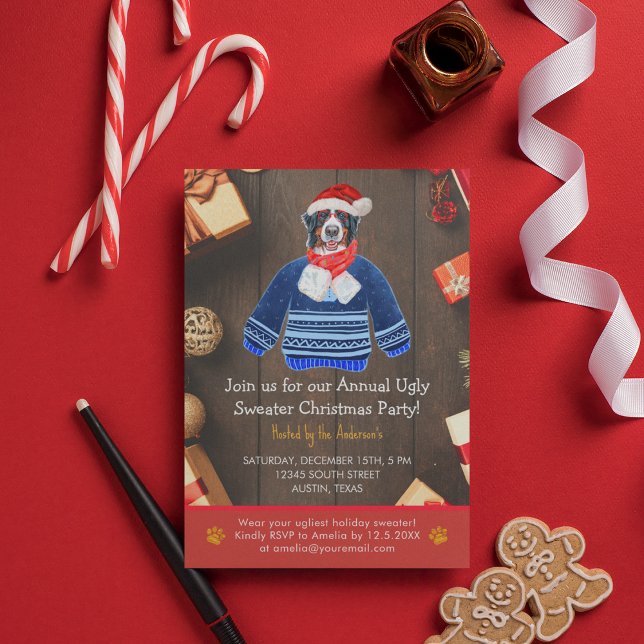 Invitación Navidades Holiday Perro Bernés Fiesta suéter feo (Front)