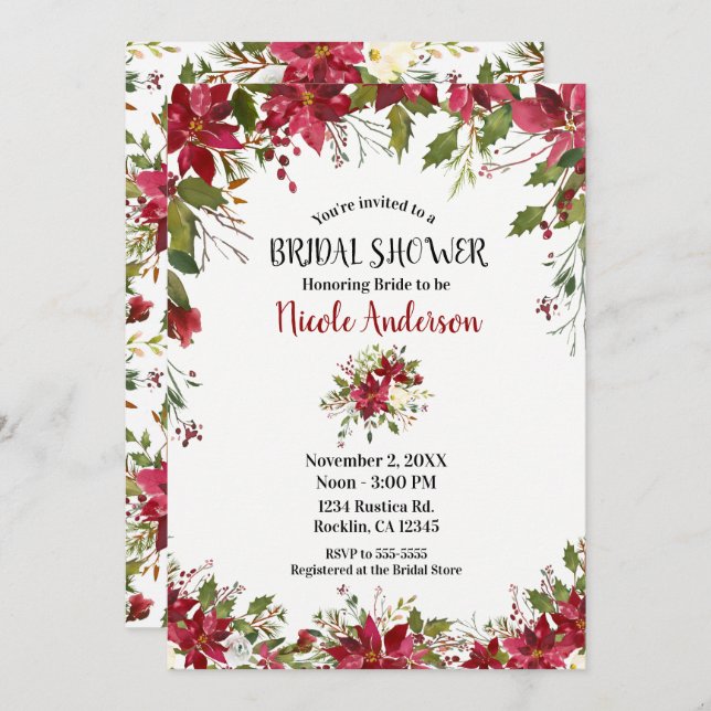 Invitación Navidades Holiday Poinsettia Flower Bridal Shower (Anverso / Reverso)