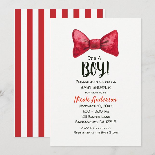 Invitación Navidades Holiday Red Bow Tie Boy Baby Shower (Anverso / Reverso)