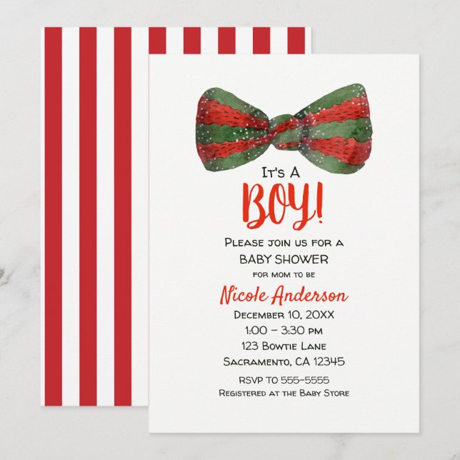 Invitación Navidades Holiday Red & Green Bow Tie Baby Shower (Anverso / Reverso)