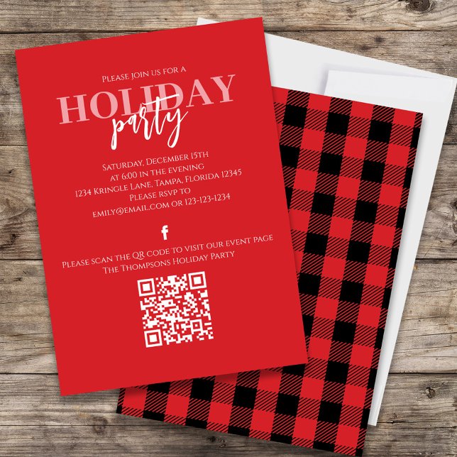 Invitación Navidades Holiday Rustic Buffalo Red Plaid QR Code (Holiday red and black buffalo check patterned invitation with a QR Code for social media sharing. )