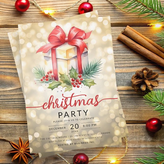 Invitación Navidades Holiday Watercolor Company Bokeh Gold (Christmas Holiday Watercolor Company Bokeh Gold Invitation)